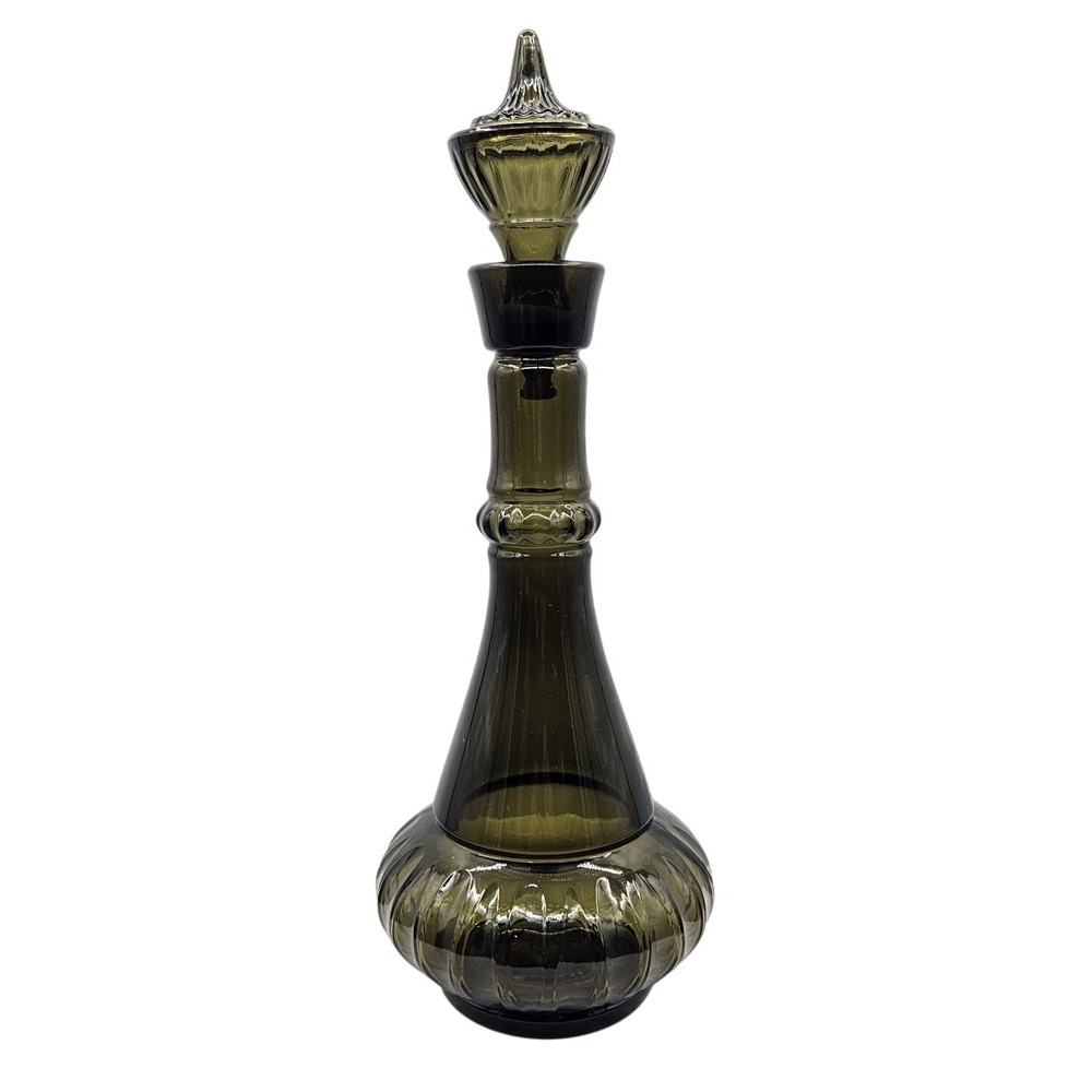 Vtg Smokey Green Glass Jim Beam Decanter Genie Bottle Ornate Stopper Ribbed Base